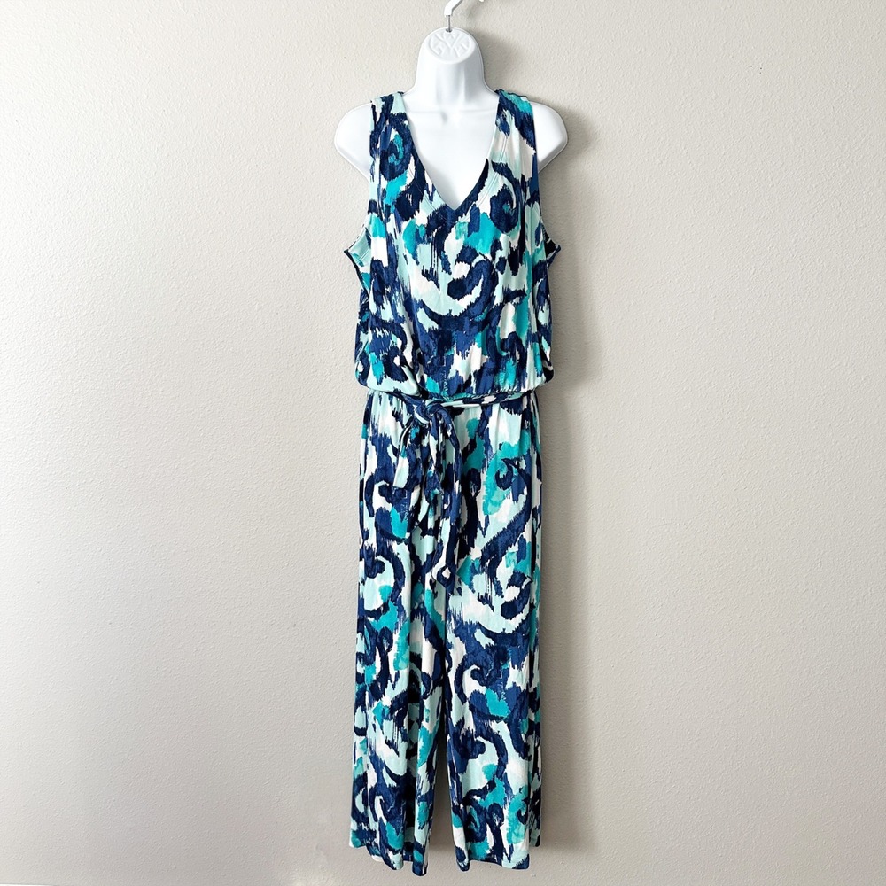 Chico's Travelers Size 3 Sleeveless Tie Waist Blue Agate Jumpsuit Womens Size 18